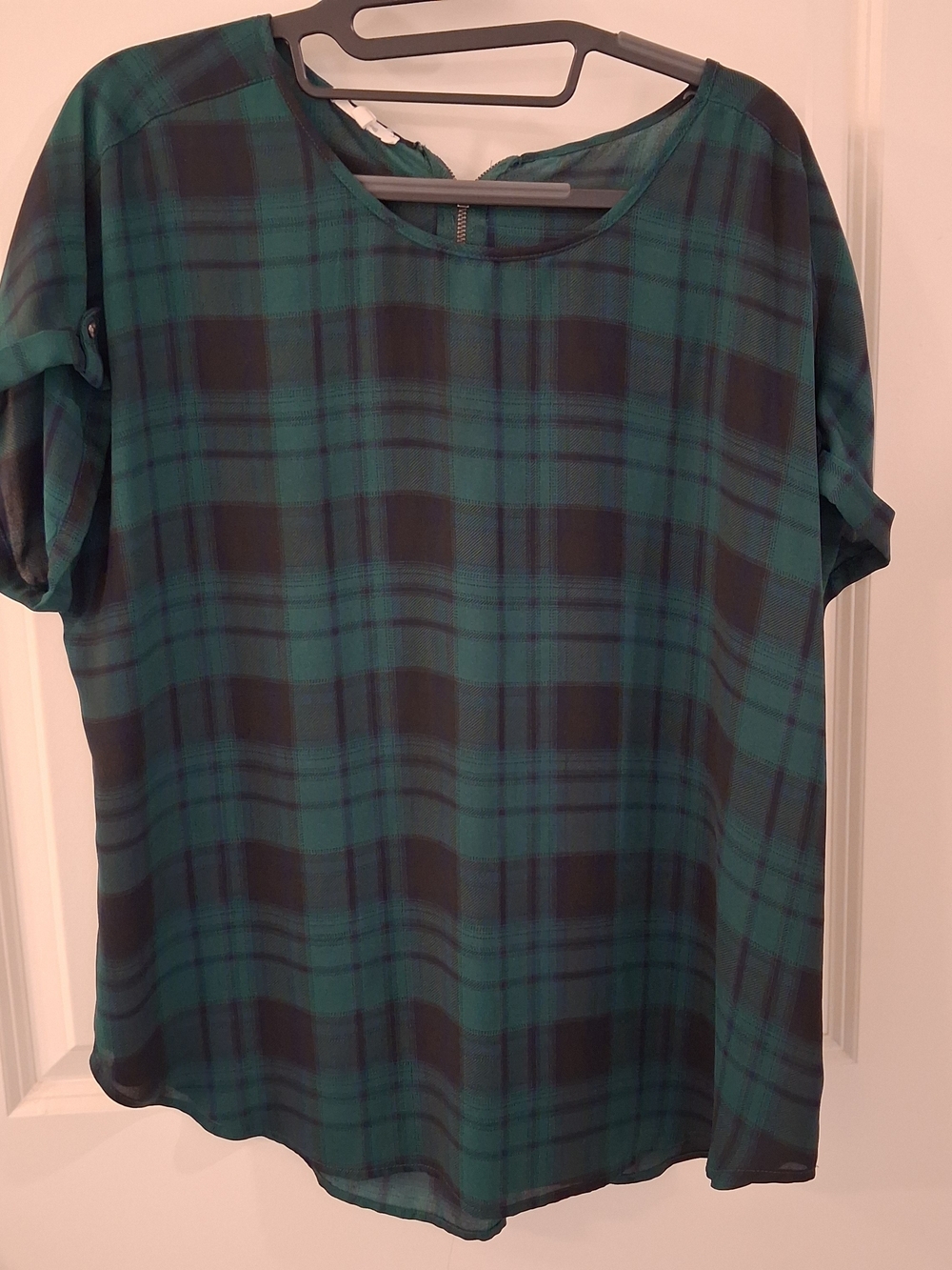 Womens Green Plaid Short-Sleeve Blouse